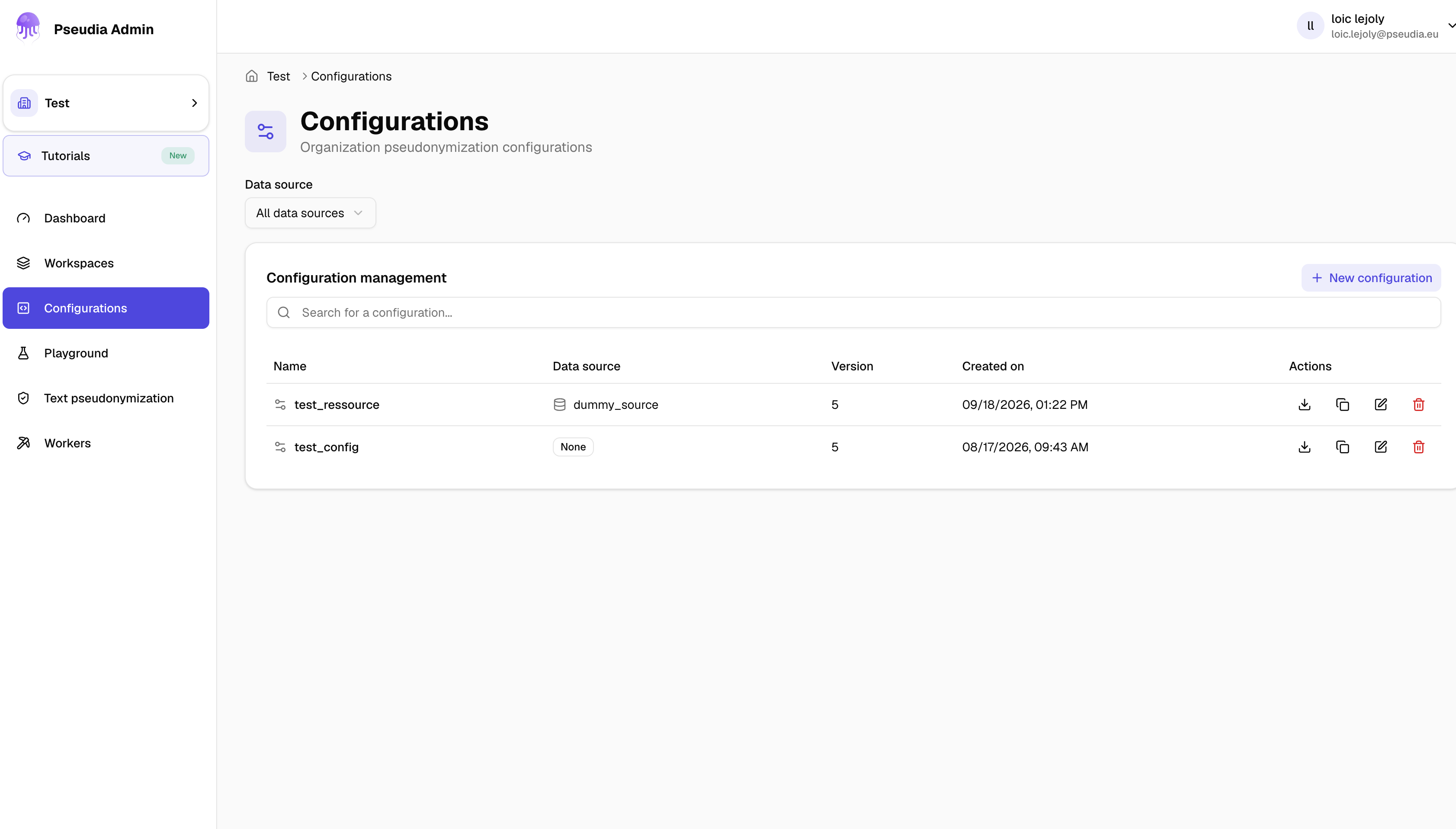 Screenshot of the Pseudia Configuration tab, showing fields mapped to a data source