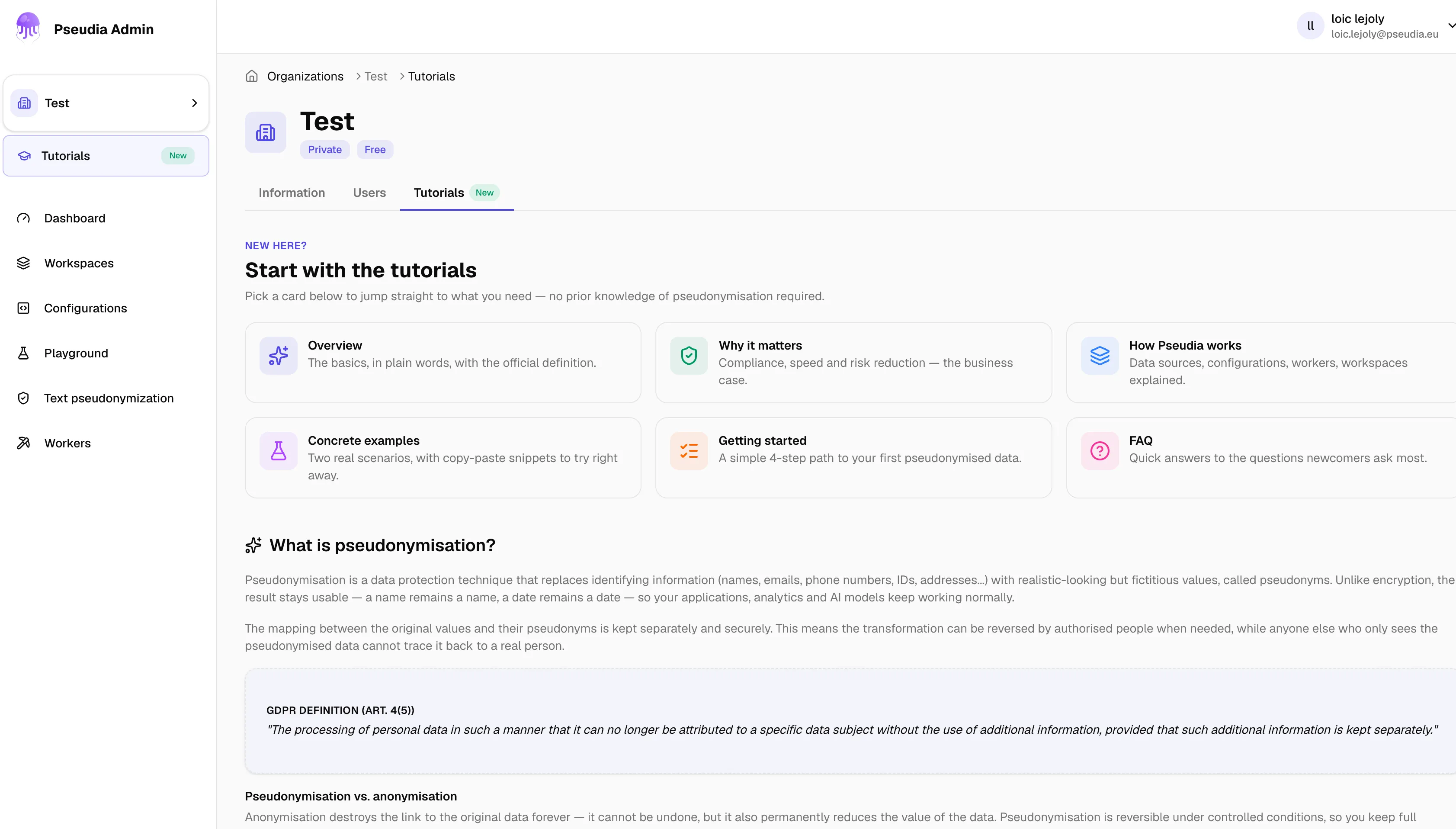 Pseudia console: workspace overview showing sources, environments and configurations