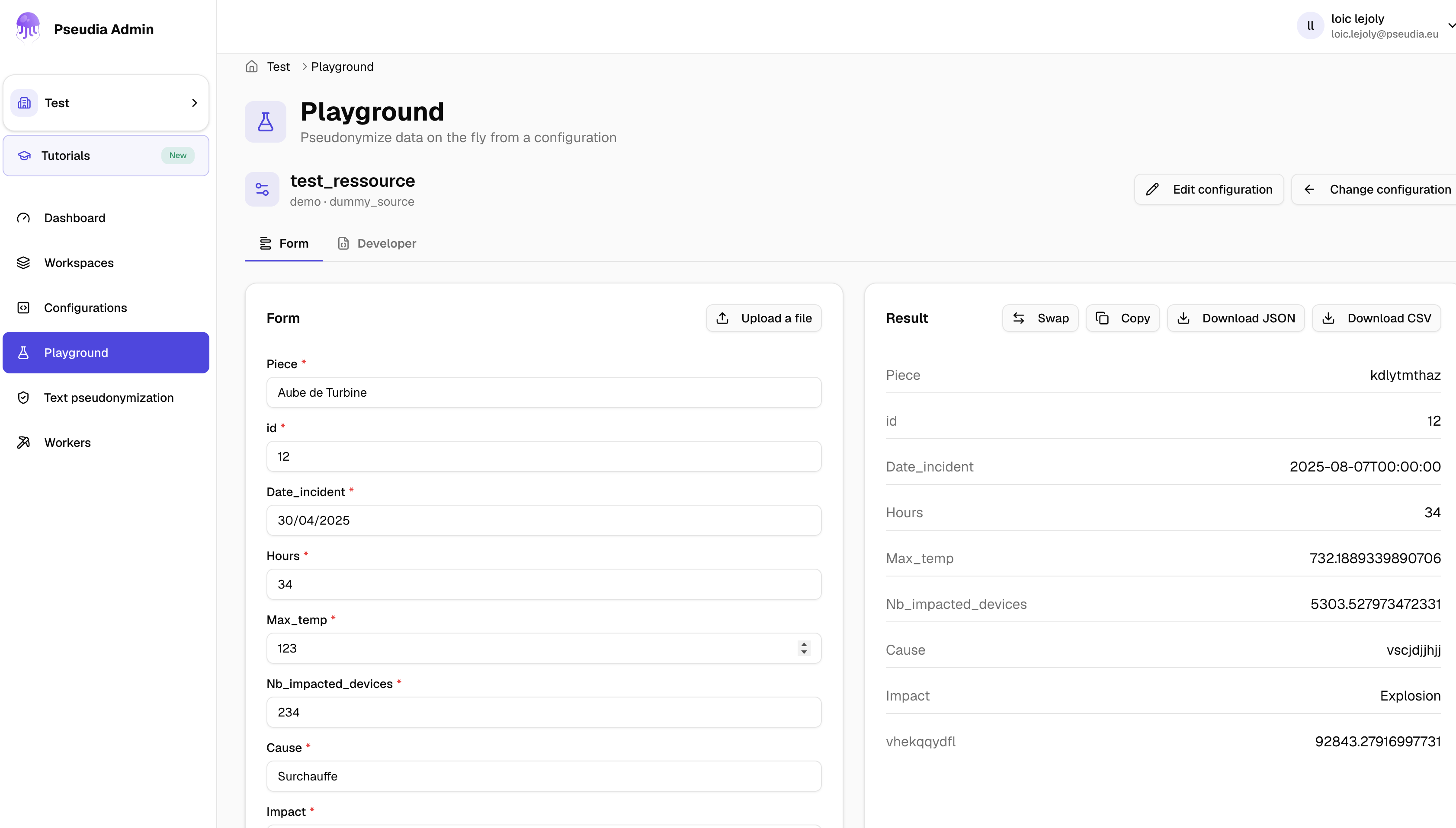 Screenshot of the Pseudia Playground tab, previewing pseudonymisation on sample records