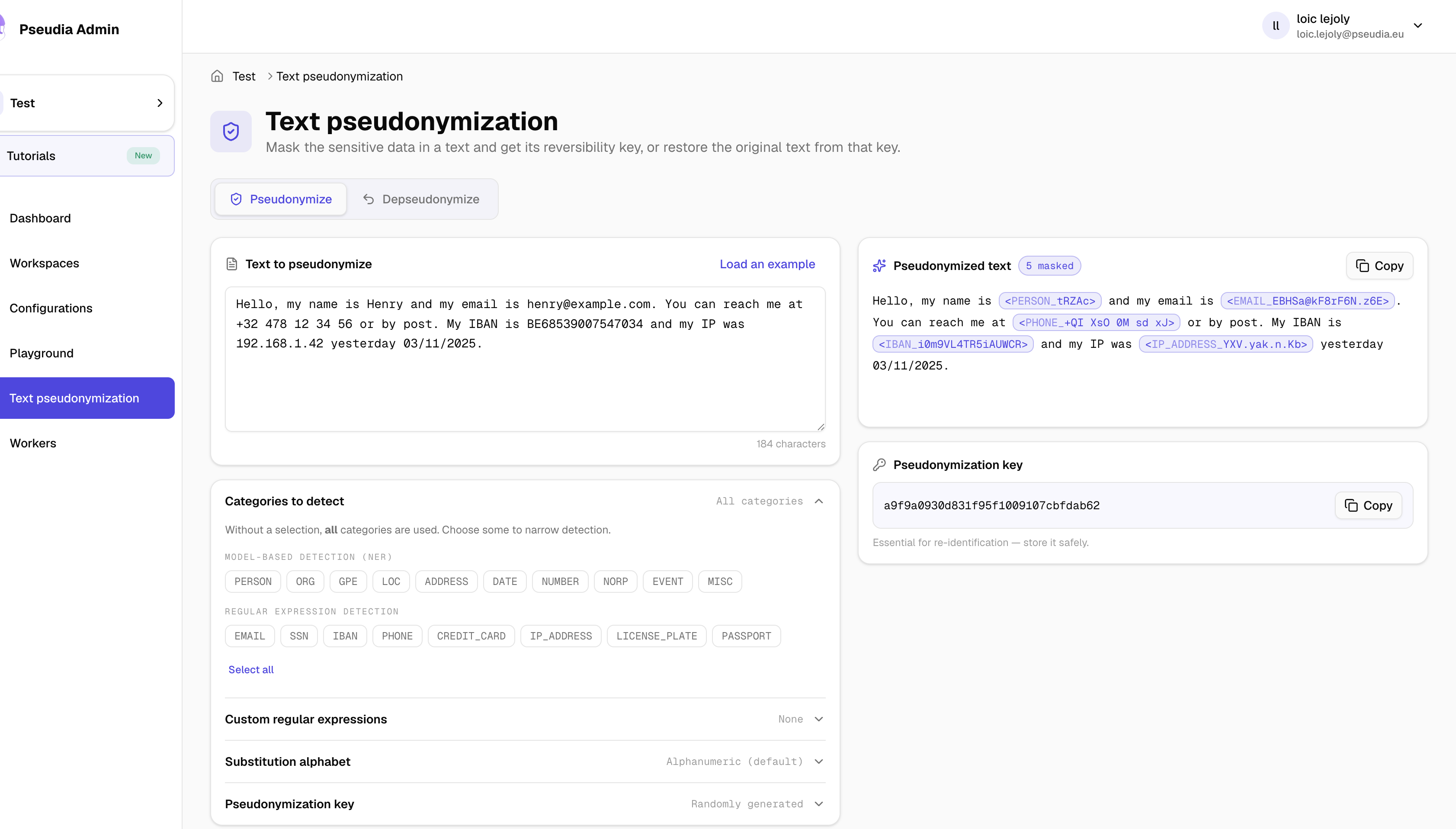 Screenshot of the Pseudia Text Pseudonymisation tab, masking sensitive text