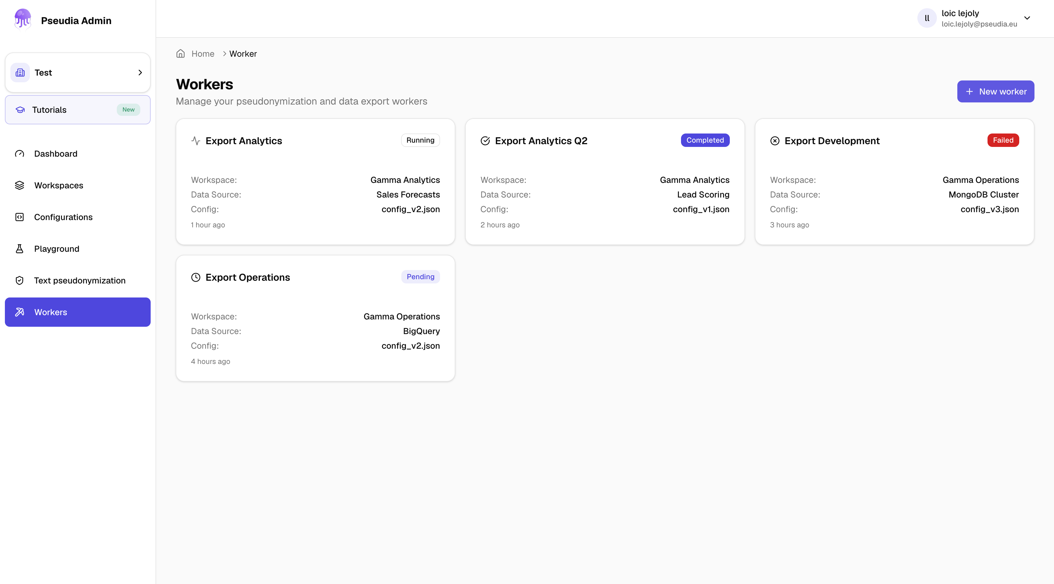 Screenshot of the Pseudia Worker tab, showing a batch pseudonymisation job