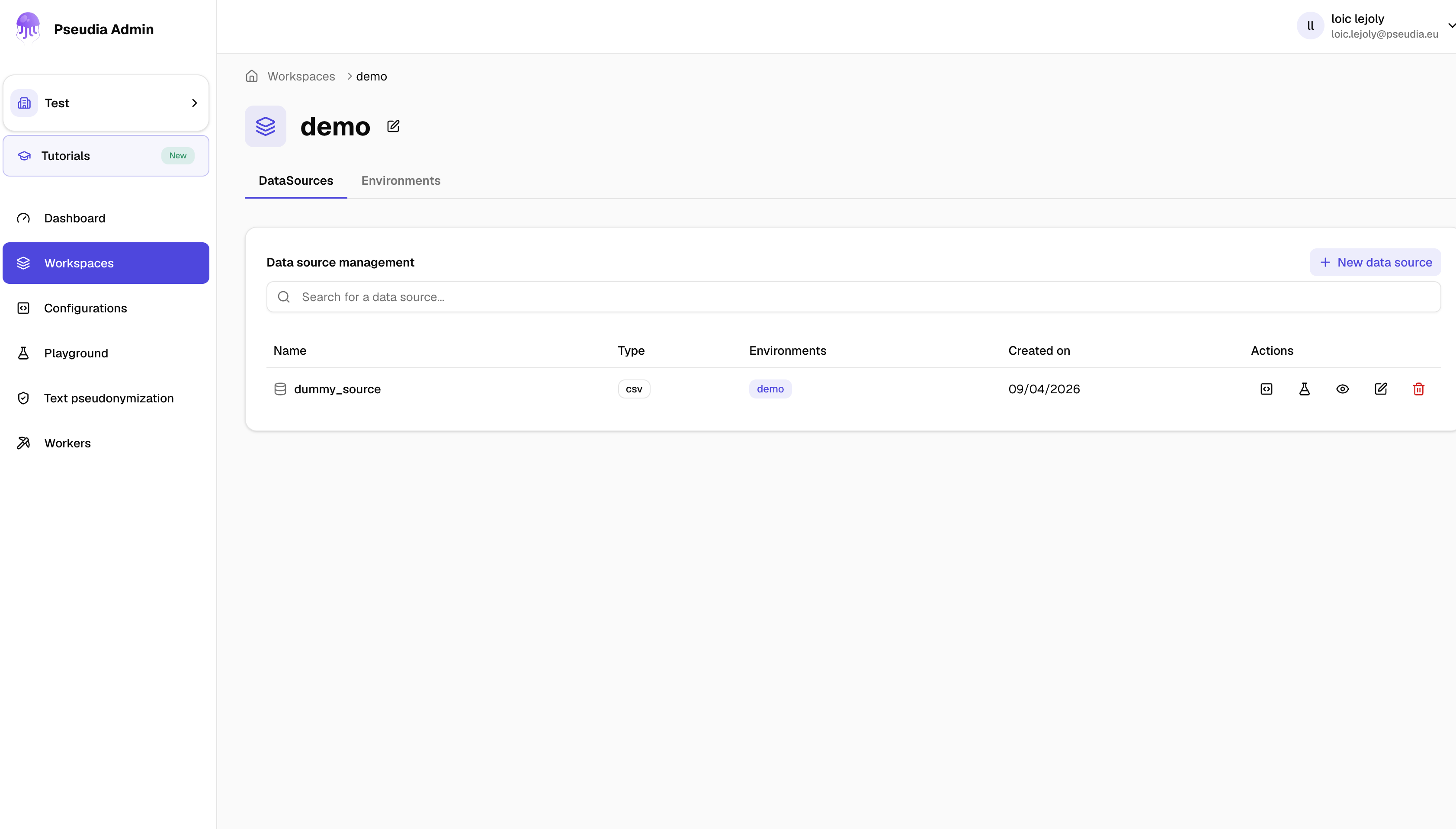 Screenshot of the Pseudia Workspace tab, showing a list of team workspaces